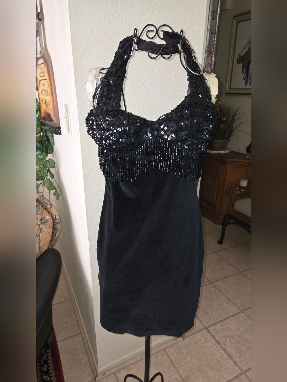 Velvet Dres Sz S. With Beaded Fringe/sequins.